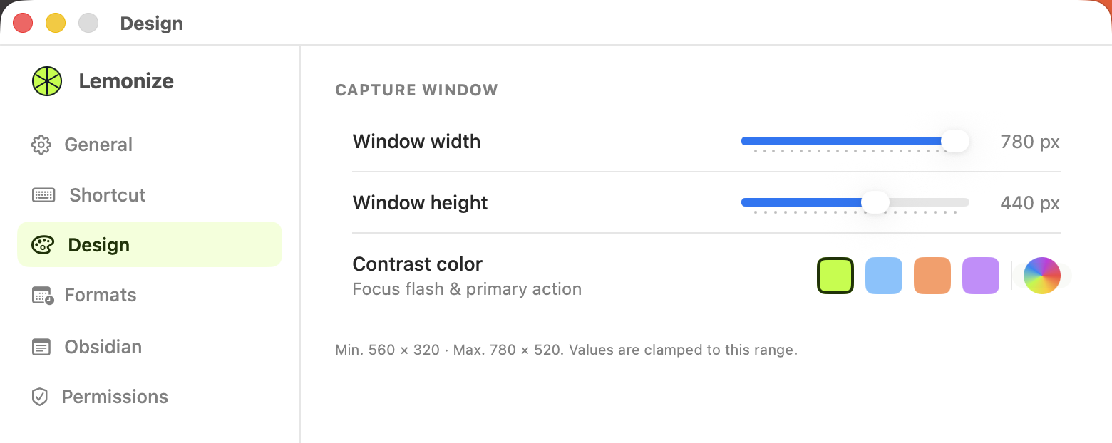 Lemonize Settings, Design tab: capture window width and height sliders, and contrast color presets.