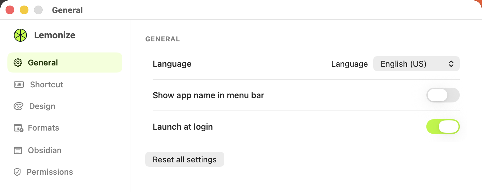 Lemonize Settings, General tab: Language picker, Show app name in menu bar, and Launch at login.