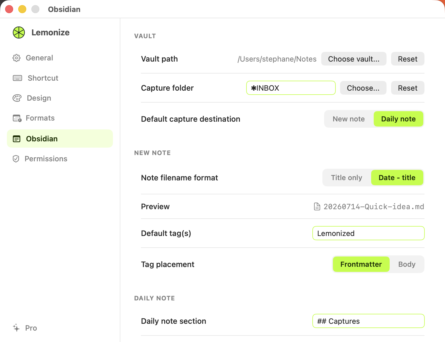 Lemonize Settings, Obsidian tab: vault path, capture folder, default capture destination, note filename format, default tags, and daily note section.