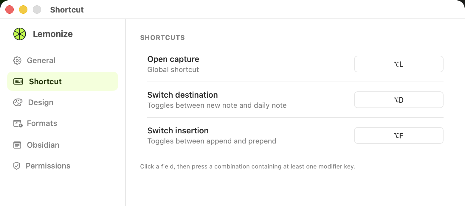 Lemonize Settings, Shortcut tab: Open capture, Switch destination, and Switch insertion key recorders.