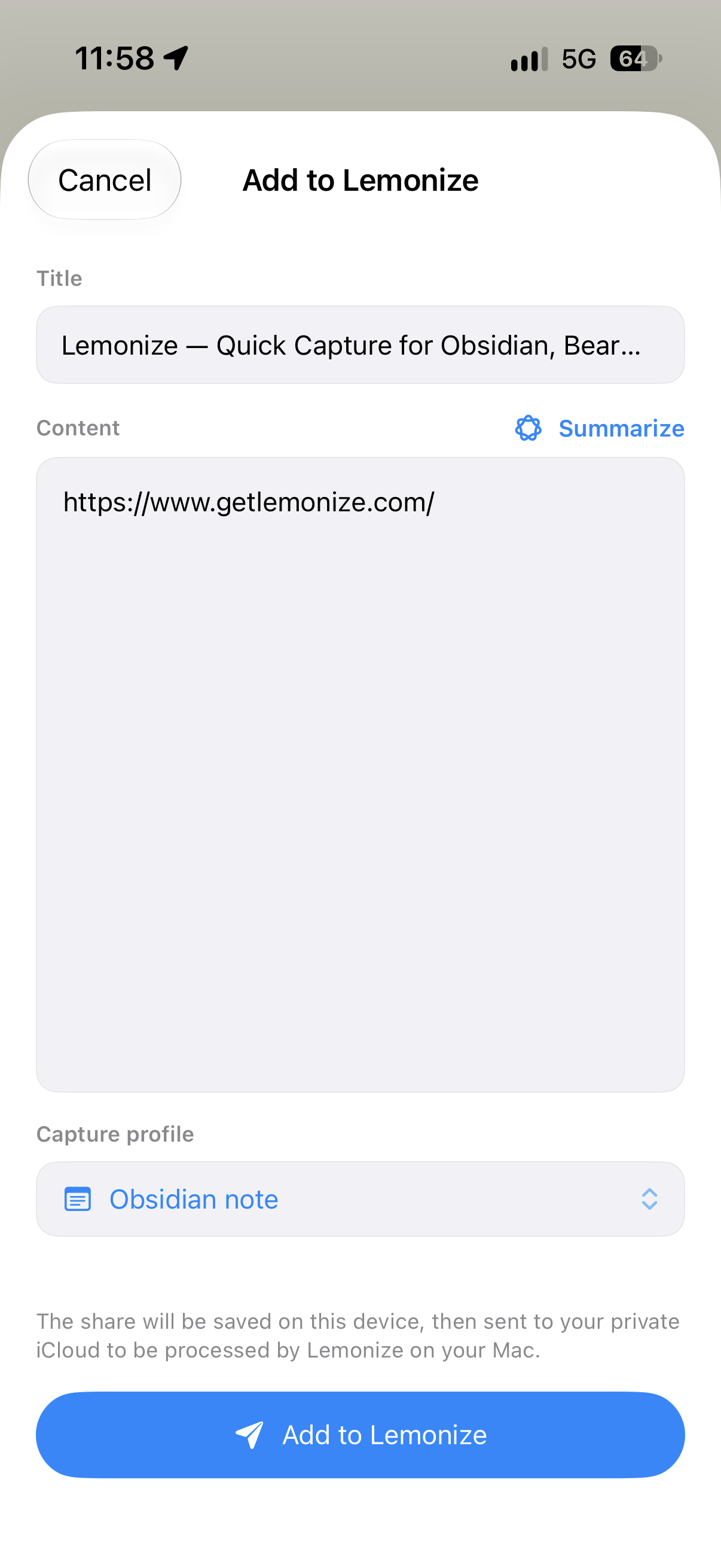 Lemonize pocket share sheet